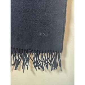 Fendi Navy Blue 100% Wool Neck Scarf 12"X52" Unisex Fringe‎ Italian Embroidered